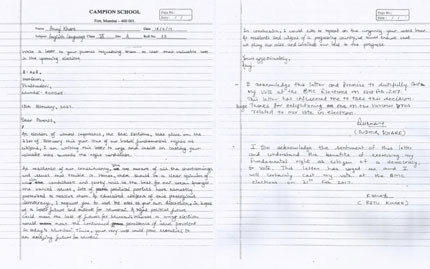 A letters written by school children to their parents asking them to vote in BMC Elections 2017